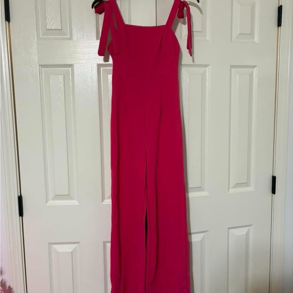 Tie-Shoulder Magenta Wide-Leg Jumpsuit